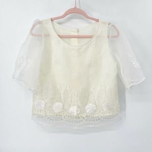 Vintage Floral Embroidered Blouse S/M White Sheer